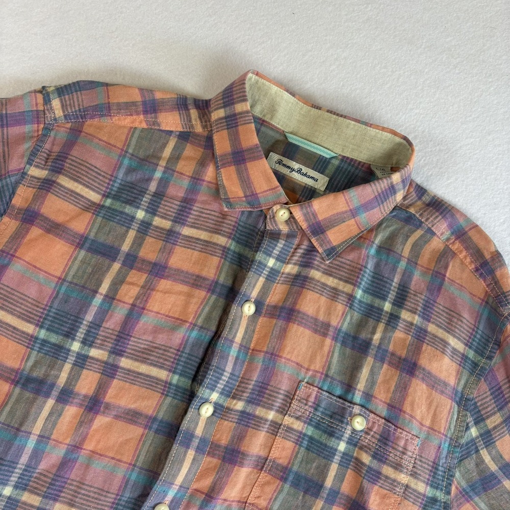 Tommy Bahama Long Sleeve Button Up Shirt Men L Sunny Isles Plaid Linen Colorful